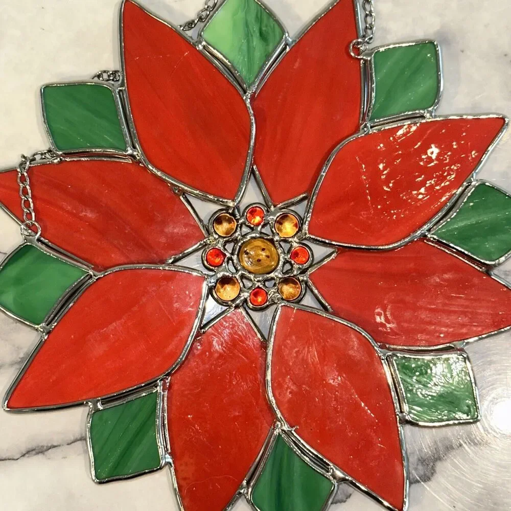 Stained‎ Glass Pointsettia Christmas Flower Wreath Door Window Decor Sun Catcher